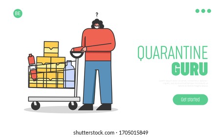 Concept Of a Quarantine During Coronavirus. Website Landing Page. Customer With Trolley Full Of Food Wearing Protective Mask For Her Safety. Web Page Cartoon Linear Outline Flat Vector Illustration