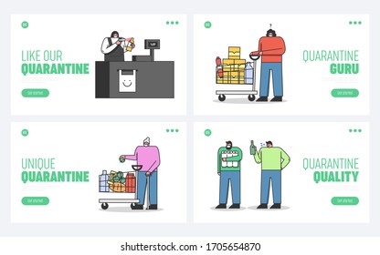 Concept Of Quarantine During Coronavirus. Website Landing Page. Precautionary Measures For People In Form Of Wearing Protective Masks. Web Page Cartoon Linear Outline Flat Vector Illustrations Set
