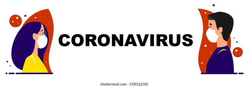 concepto de cuarentena, aislamiento, restricción de contactos sociales. Una chica y un tipo con máscaras médicas están separados por la palabra coronavirus. Encabezado del logotipo vectorial, banner web sobre fondo blanco.