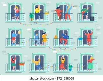 Concept of quarantine. People staing at home and dance on their balconies. Stay home concept. Self isolation, quarantine due to coronavirus. Vector illustration.