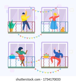Concept of quarantine. People staing at home and dance on their balconies. Stay home concept. Self isolation, quarantine due to coronavirus. Vector illustration.