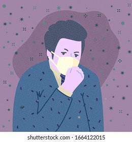 Concept of quarantine. Sad man wearing protective face masks. 2019-nCoV Novel Corona virus. Vector illustration.