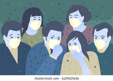 Concept of quarantine. Sad people wearing protective face masks. 2019-nCoV Novel Corona virus. Vector illustration.