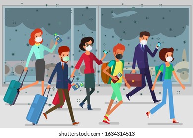 Concept of quarantine. Sad people wearing protective face masks in airport. 2019-nCoV Novel Corona virus. People hurry on a airplane. Vector illustration.