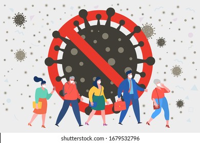 Concept of quarantine. Sad people wearing protective face masks. Stop 2019-nCoV Novel Corona virus. Vector illustration.