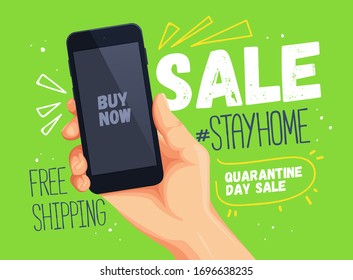 Concept of quarantine  sale vector illustration. Social Media sale banner Template. Stay home, online shopping poster. 