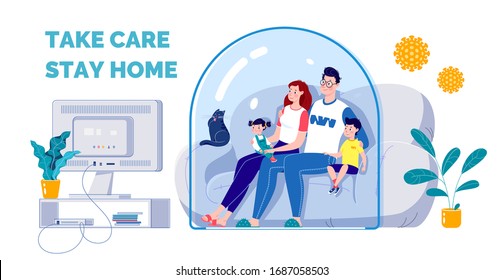 The concept of quarantine self-isolation. The family is sitting on the couch under a glass cap and watching TV. Virus protection. Vector. Flat cartoon style