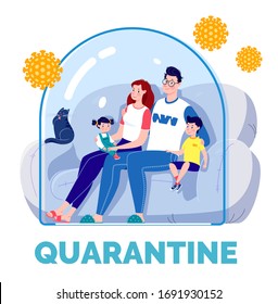 The concept of quarantine self-isolation. The family is sitting on the couch under a glass cap and watching TV. Virus protection. Vector. Flat cartoon style.