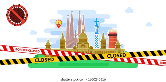 Concepto de cuarentena y viajes. La frontera de España está cerrada para detener la propagación del virus. Virus 2019-nCoV Novel Corona. Ilustración vectorial de diseño plano
