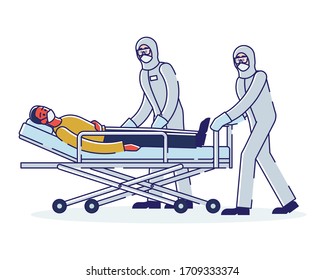 Concepto De Pacientes Infectados En Cuarentena. Médicos En Coberturas Protectoras Que Llevan En Un Callejón Médico Enferman A Un Hombre Infectado En Una Zona De Cuarentena. Estilo plano de contorno lineal de dibujo. Ilustración vectorial