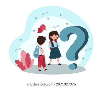 Concept of question mark. Boy and girl explore world together. First graders saw what they dont know, thoughtfulness. Characters trying to solve their problem. Cartoon flat vector illustration