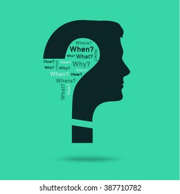 Concept of question. Question mark with man head symbol and question words. Flat design, vector illustration.