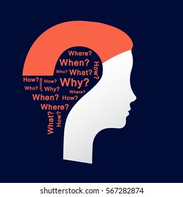 Concept of question. Question mark with woman head symbol and question words. Flat design, vector illustration.