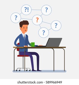 Concept of question. Thinking business man sitting under question marks. Flat design, vector illustration.
