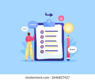 concept of questionnaire, survey, poll, questions or quiz. document for collecting information data. illustration of a man or respondent with clipboard and question form. flat style design. blue