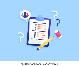 a concept of questionnaire, survey, questions. document for collecting data from respondents. illustration of clipboard with question form with pencil, eraser. question mark symbol. flat style design