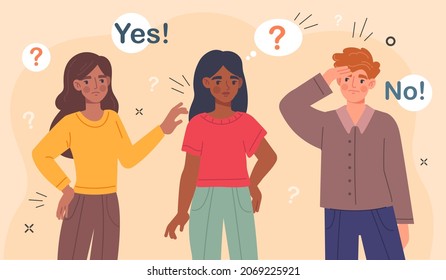 Concept of questions. Friends communicate, girls answers only yes or no. Monosyllabic questions, characters in group. Dialogue, conversation, thoughtfulness. Cartoon flat vector illustration