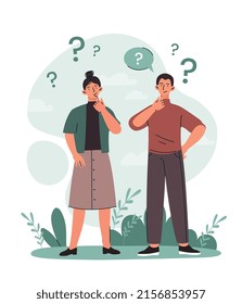 Concept of questions. Man and woman trying to solve problem, pensive characters and mental dead end. Brainstorming and discussion, frequently asked questions. Cartoon flat vector illustration