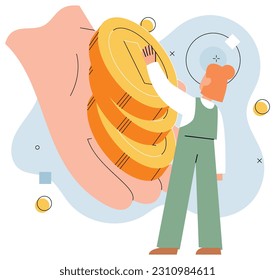 Concept of quick and easy credit. Female borrower is happy that she has received money loan for business development or for personal purposes. Profit, money management, pile of gold coins in hand