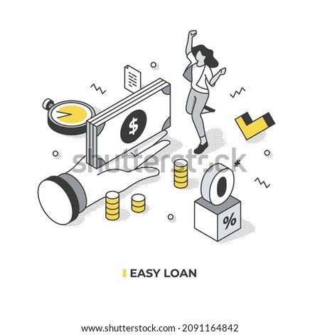 The concept of quick and easy credit. A female borrower is happy that she has received a money loan for business development or for personal purposes. Vector isometric illustration