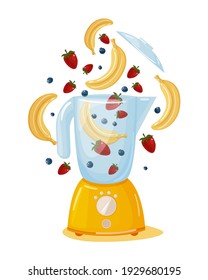 
The concept of a quick, tasty and beautiful breakfast. Organic raw strawberry banana cocktail. Food processor, mixer, blender and fruit. Vector illustration of smoothies.