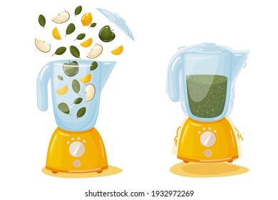 
The concept of a quick, tasty and beautiful breakfast. Organic Raw Shake with Spinach, Apple and Lemon Juice. Food processor, mixer, blender and fruit. Vector illustration of smoothies.