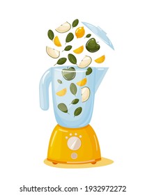 
The concept of a quick, tasty and beautiful breakfast. Organic Raw Shake with Spinach, Apple and Lemon Juice. Food processor, mixer, blender and fruit. Vector illustration of smoothies.