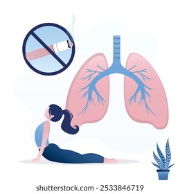 Concepto de dejar de fumar. Hábitos saludables y pulmones humanos. Mujer que lucha con la adicción al tabaco. Mujer joven practica yoga para dejar de fumar. Ilustración vectorial plana