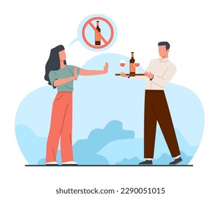 Concepto de abandonar los malos hábitos, chica contra el alcohol. Detén el gesto de la mano. Estilo de vida saludable. Niña rechaza el vino, mujer dice que no, alcohol prohibido, alcoholismo caricatura ilustración vectorial