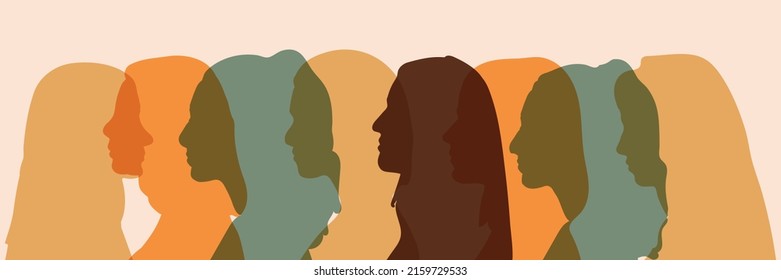 Concept Of Racial Equality Anti-racism Justice Opportunities And Ally Ship. Self-confidence And Close Up Silhouette Faces Of Multicultural Multiethnic Female Profile Women.