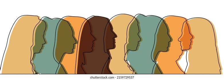 Concept Of Racial Equality Anti-racism Justice Opportunities And Ally Ship. Self-confidence And Close Up Silhouette Faces Of Multicultural Multiethnic Female Profile Women.