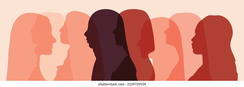 Concept Of Racial Equality Anti-racism Justice Opportunities And Ally Ship. Self-confidence And Close Up Silhouette Faces Of Multicultural Multiethnic Female Profile Women.