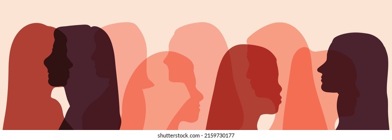 Concept Of Racial Equality Anti-racism Justice Opportunities And Ally Ship. Self-confidence And Close Up Silhouette Faces Of Multicultural Multiethnic Female Profile Women.