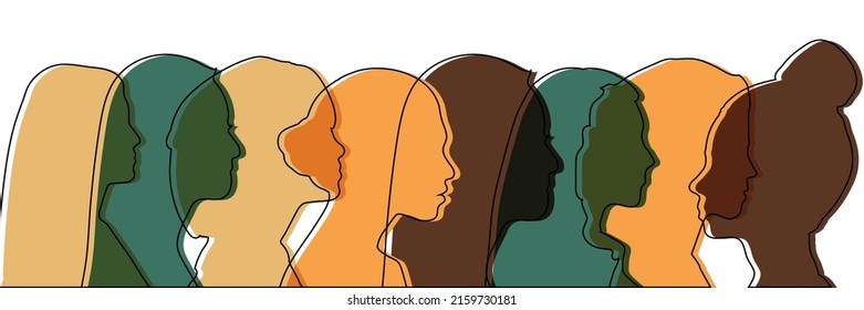 Concept Of Racial Equality Anti-racism Justice Opportunities And Ally Ship. Self-confidence And Close Up Silhouette Faces Of Multicultural Multiethnic Female Profile Women.