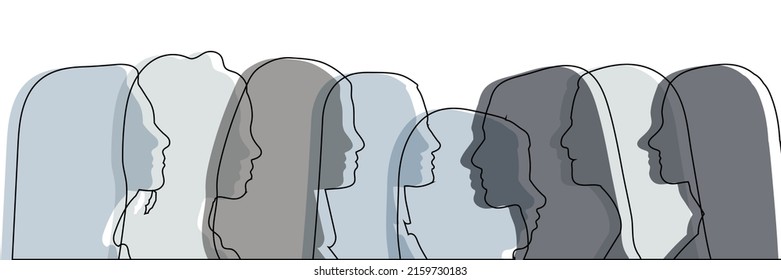 Concept Of Racial Equality Anti-racism Justice Opportunities And Ally Ship. Self-confidence And Close Up Silhouette Faces Of Multicultural Multiethnic Female Profile Women.