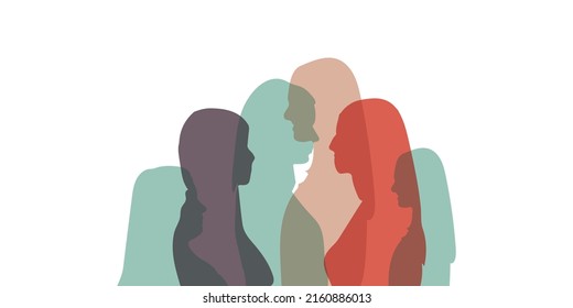 Concept of racial equality anti-racism justice opportunities and allyship. Self-confidence and Close up silhouette faces of multicultural multiethnic female profile women.