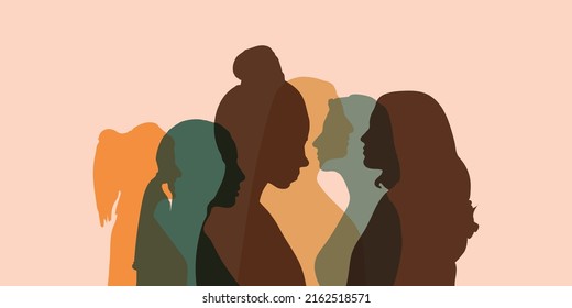 Concept of racial equality anti-racism justice opportunities and ally ship. Self-confidence and Close up silhouette faces of multicultural multiethnic female profile women.