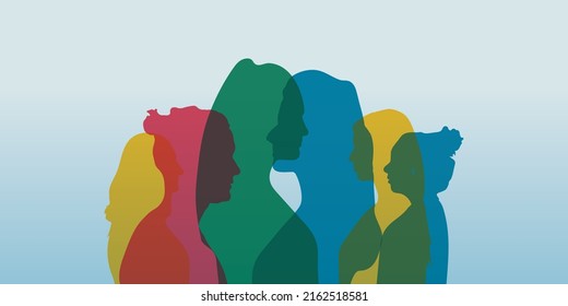 Concept Of Racial Equality Anti-racism Justice Opportunities And Ally Ship. Self-confidence And Close Up Silhouette Faces Of Multicultural Multiethnic Female Profile Women.