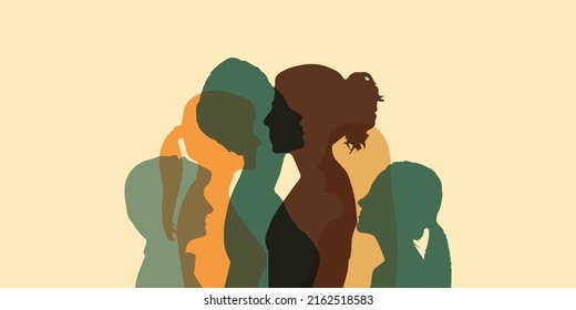 Concept of racial equality anti-racism justice opportunities and ally ship. Self-confidence and Close up silhouette faces of multicultural multiethnic female profile women.