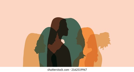 Concept of racial equality anti-racism justice opportunities and ally ship. Self-confidence and Close up silhouette faces of multicultural multiethnic female profile women.