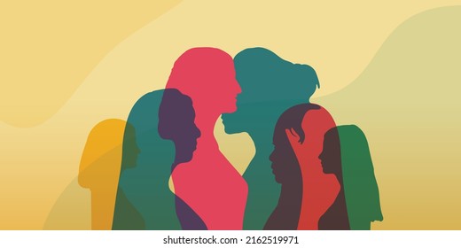 Concept Of Racial Equality Anti-racism Justice Opportunities And Ally Ship. Self-confidence And Close Up Silhouette Faces Of Multicultural Multiethnic Female Profile Women.