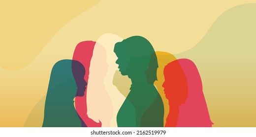 Concept Of Racial Equality Anti-racism Justice Opportunities And Ally Ship. Self-confidence And Close Up Silhouette Faces Of Multicultural Multiethnic Female Profile Women.