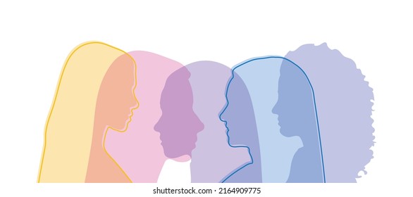 Concept Of Racial Equality Anti-racism Justice Opportunities And Ally Ship. Self-confidence And Close Up Silhouette Faces Of Multicultural Multiethnic Female Profile Women.