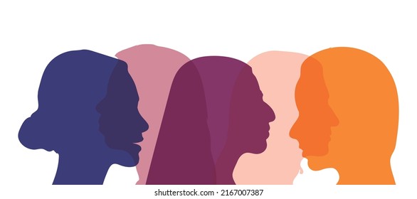 Concept of racial equality anti-racism justice opportunities and allyship. Self-confidence and Close up silhouette faces of multicultural multiethnic female profile women.