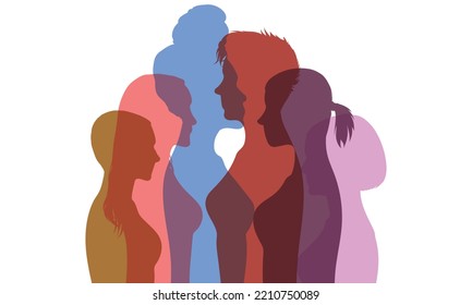 Das Konzept der Rassengleichheit, des Antirassismus und der Unterstützung anderer Frauen. Eine Frau in Profil mit multikulturellen und multiethnischen Frauen innen. 