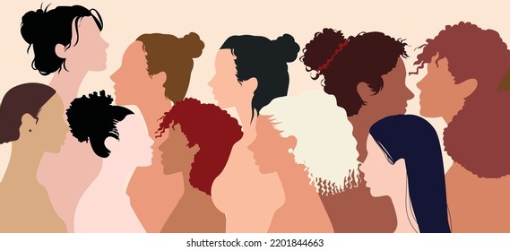 The concept of racial equality. Women's community or social network. Women in diverse and multicultural backgrounds. Share and support one another.