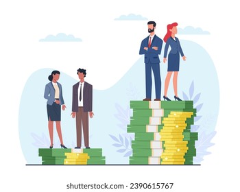 Concept of racism and unequal pay for people of color. Salary and income discrimination. Men and woman on stack on money. Race prejudice. Social difference. Cartoon flat vector illustration