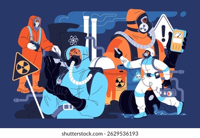 Concept of radiation protection. Workers are in safety suits with respirator. Radioactive danger, hazardous pollution. NPP reactor, caution sign of nuclear waste. Flat isolated vector illustration