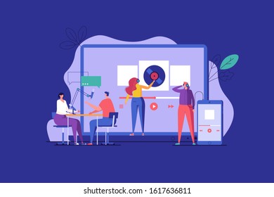 Concept of radio station, listening music and podcasting. Group of modern people listening to music, podcast or radio using mobile app online. Vector flat illustration for UI web banner