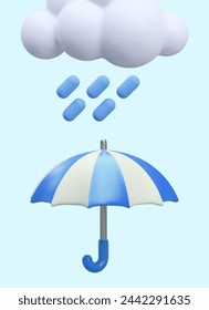 Concept of rain in children style. Rain falls from cloud onto open umbrella